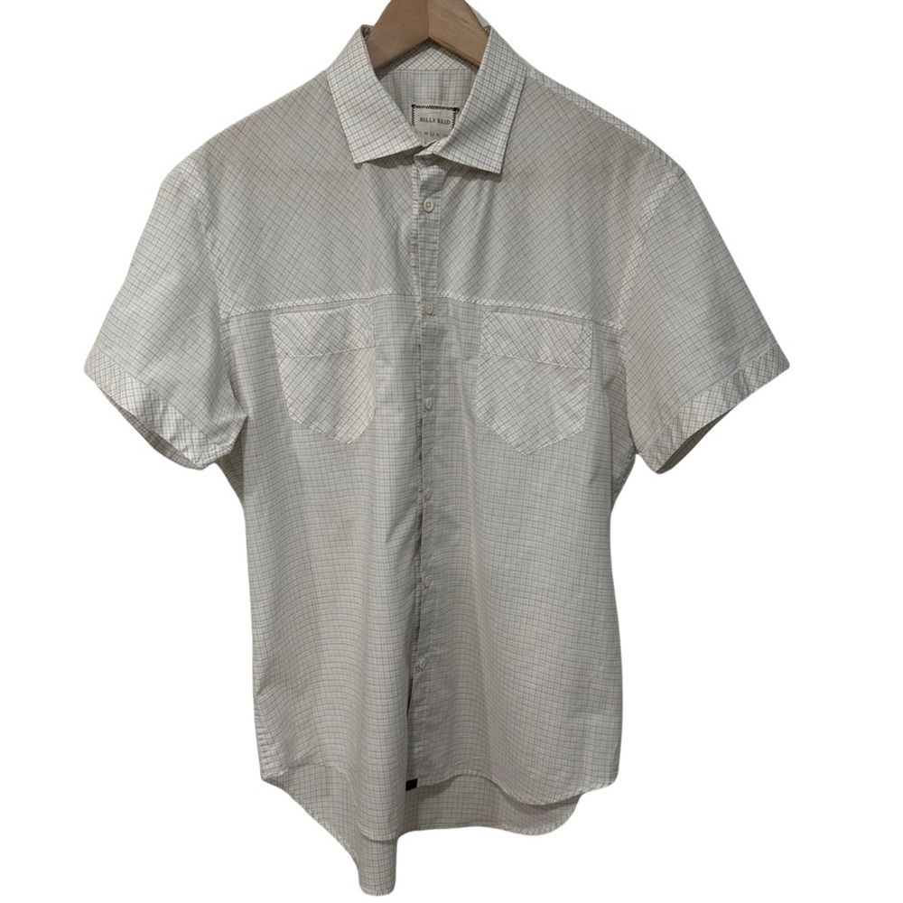 Billy Reid Checkered Pattern Slim Cut Short Sleeve Button Up Shirt White Large